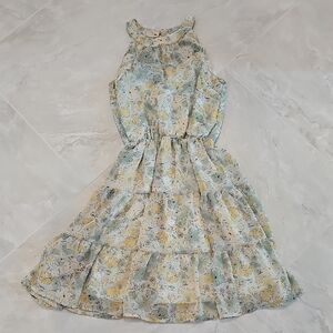 Elegant Floral Women's Dress in Blue and Yellow